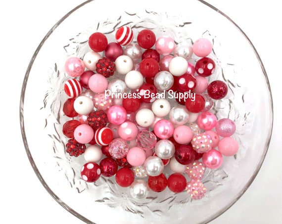 Red, Pink & White 12mm Chunky Bulk Bead Mix, 100 12mm Bulk Bead Mix,  Valentine's 12mm Mini Chunky Beads, 12mm Beads, Wholesale Beads