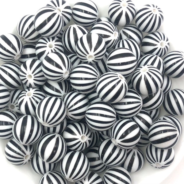 15mm White & Black Watermelon Striped Silicone Beads,   Pinstripe Silicone Beads, Silicone Beads