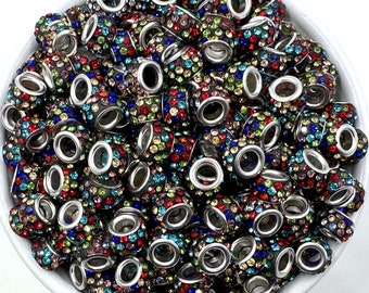 Large Hole Crystal Rhinestone Rondelle Spacer Beads--Black Multi-Colored