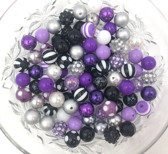 Shades of Purple, Black, White and Silver 12mm Bead Mix, 12mm Bulk  Halloween Beads, 100 Halloween Beads, 12mm Bulk Bead Mix, 12mm Beads