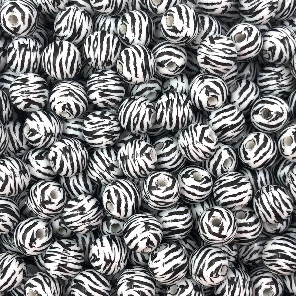 12mm New! White Tiger Beads Set of 20 or 50,  Black and White Zebra Printed Beads, Chunky Bubble Gum Beads, Acrylic Beads, Spacer Beads