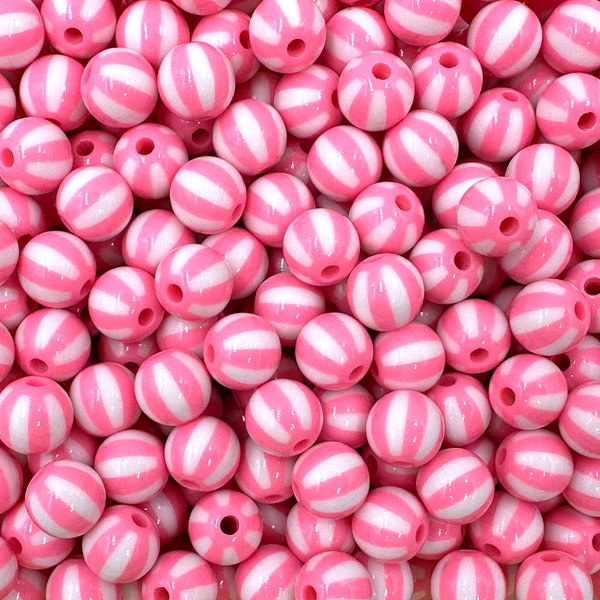 12mm Pink & White Beach Ball Beads,  Pink Chunky Beads,  Pink Stripe Beads, Watermelon Striped Beads, Acrylic Beads, 12mm Beads