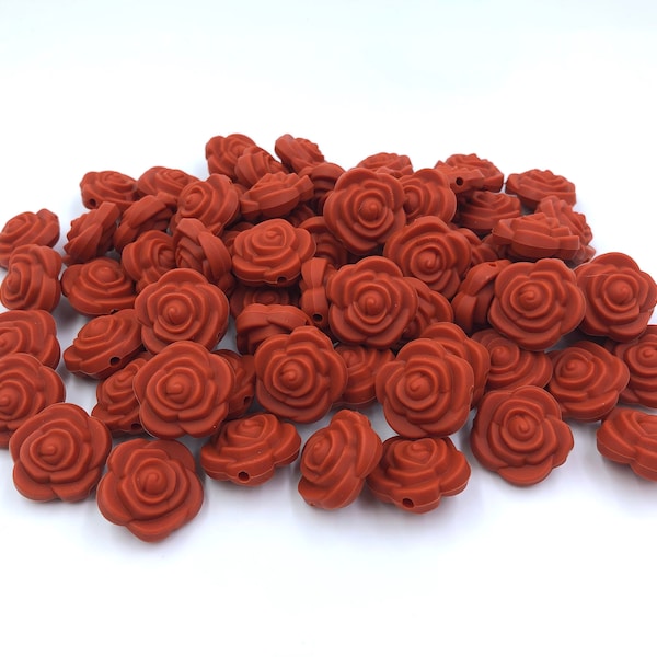 Rust Silicone Flower Beads, Mini Silicone Flower Beads, 20mm Silicone Flowers, Silicone Rose Beads, Sensory Beads, Silicone Beads