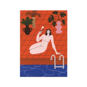 Nude girl sitting on the poolside smoking. Potted plants near her.