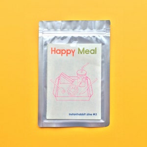 Happy Meal Zine with Pouch. Food themes zine by three illustrators. Riso printed zine.
