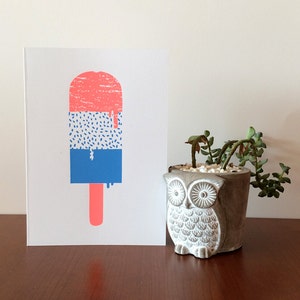 Three layer popsicle illustration on blank card. Silk screen print.