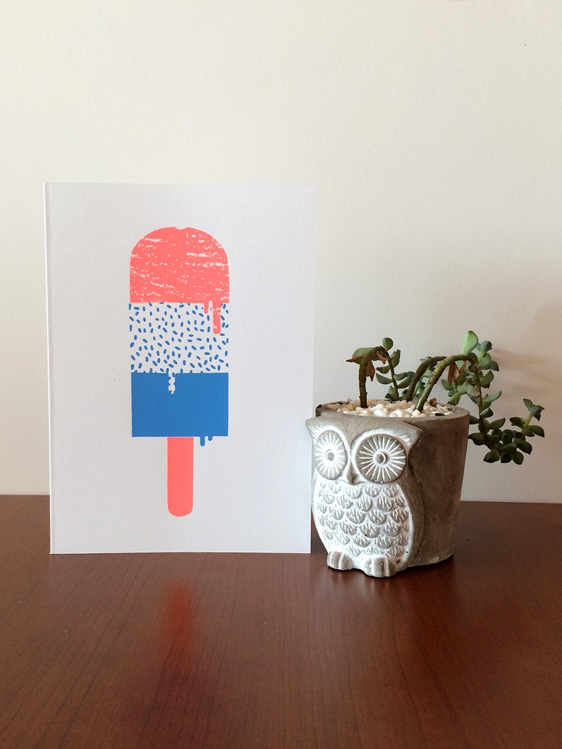 Three layer popsicle illustration on blank card. Silk screen print.