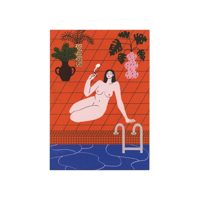 Nude girl sitting on the poolside smoking. Potted plants near her.