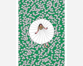 Flower Field Girl Illustration Print