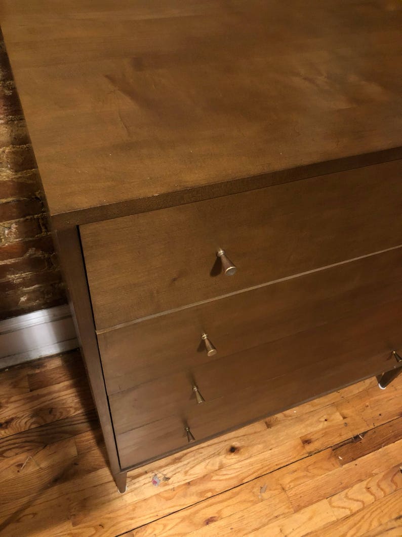 Vintage Paul Mccobb mid century 4 drawer walnut finish maple tall dresser box brass knobs very clean