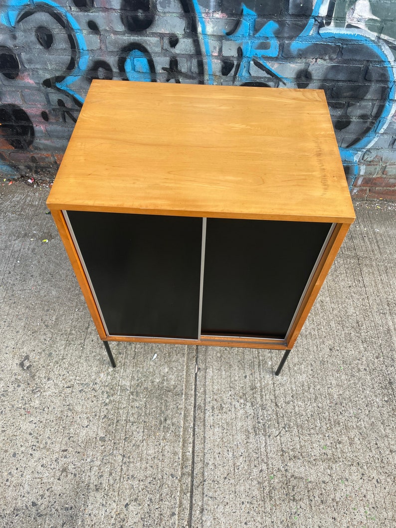 Paul Mccobb vintage mid century small maple cabinet black & white sliding doors iron base nice image 2