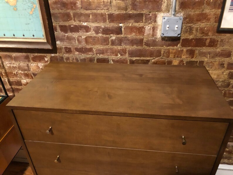 Vintage Paul Mccobb mid century 4 drawer walnut finish maple tall dresser box brass knobs very clean