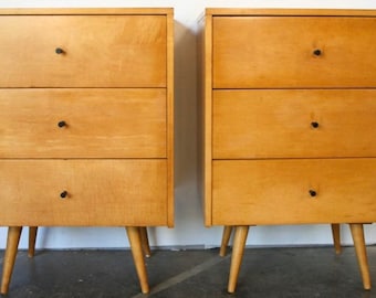 Pair of Paul Mccobb Planner Group vintage mid century modern 3 drawer nightstands small dresser blonde maple finish