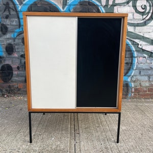 Paul Mccobb vintage mid century small maple cabinet black & white sliding doors iron base nice image 7