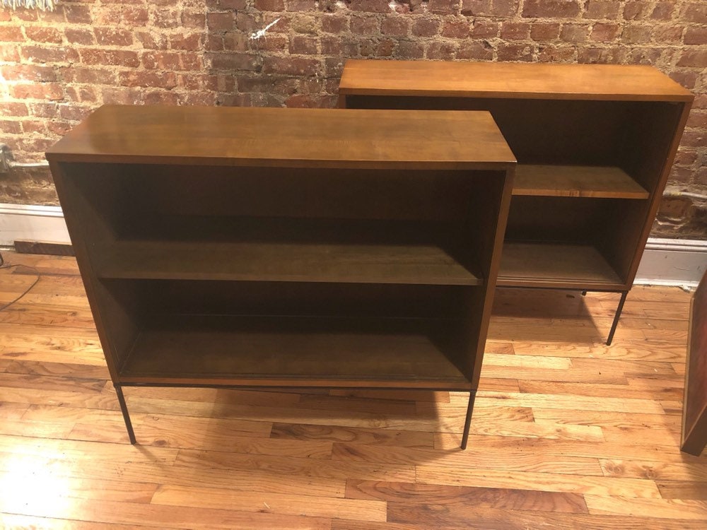 Paul Mccobb Vintage Mid Century Small Maple Book Shelf Cabinet Iron Base Tobacco Blonde Finish Foil Label Glass Doors 2 Avaiable