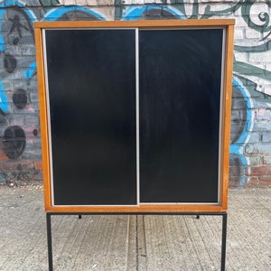 Paul Mccobb vintage mid century small maple cabinet black & white sliding doors iron base nice image 5