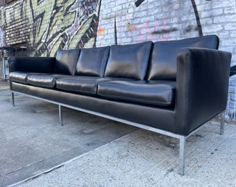 Style of Florence Knoll 4 seater sofa couch original Black Vinyl upholstery mid century modern faux leather