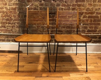 Rare paul Mccobb Shovel dining chairs pair of 2 blonde maple iron base planner group mid century modern