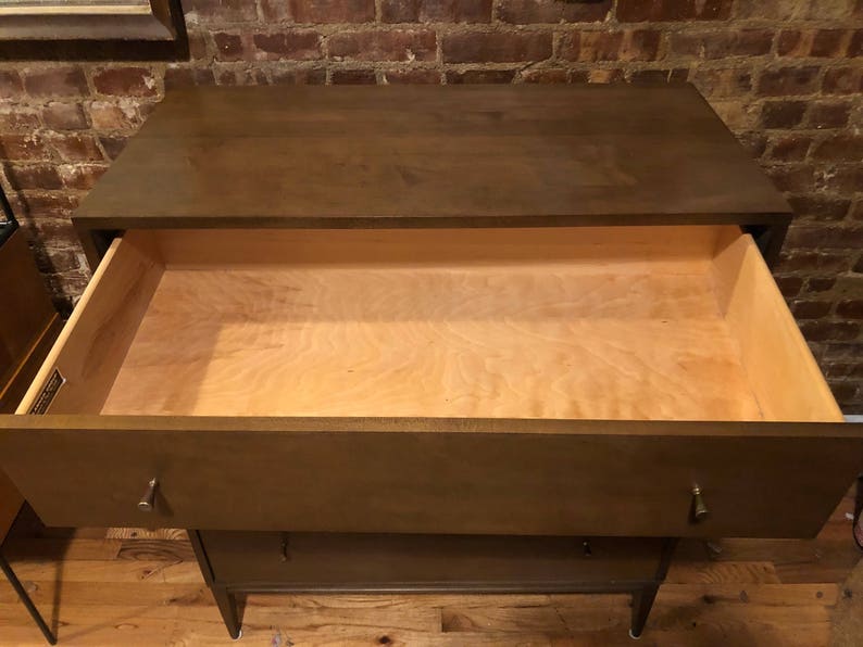 Vintage Paul Mccobb mid century 4 drawer walnut finish maple tall dresser box brass knobs very clean