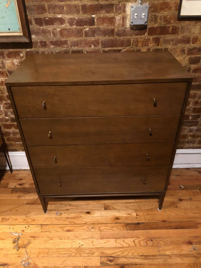Vintage Paul Mccobb mid century 4 drawer walnut finish maple tall dresser box brass knobs very clean