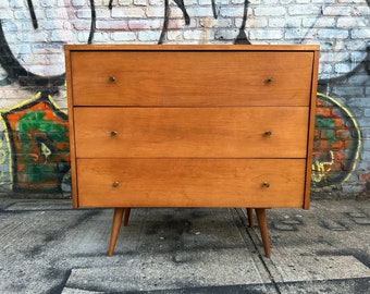 Vintage Paul Mccobb planner group modern mid century 3 drawer blonde maple dresser wood base Brass pulls