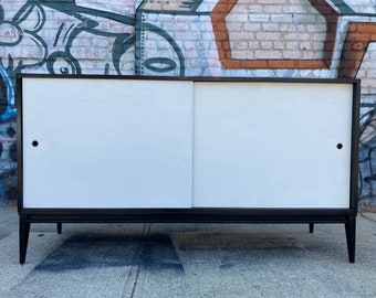 Paul mccobb mid century modern credenza sideboard dresser maple 4 drawer white doors wood base 60" black Lacquer finish