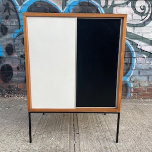 Paul Mccobb vintage mid century small maple cabinet black & white sliding doors iron base - nice!