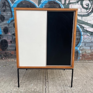 Paul Mccobb vintage mid century small maple cabinet black & white sliding doors iron base nice image 1