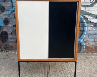 Paul Mccobb vintage mid century small maple cabinet black & white sliding doors iron base - nice!