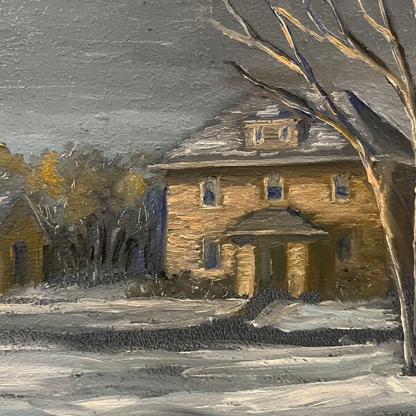 SNOWY ESTATE Original Oil Landscape Painting Small 5x7 Brick House Garage Winter Volume Discounts Impressionistic Scenery One-of-a-Kind Art