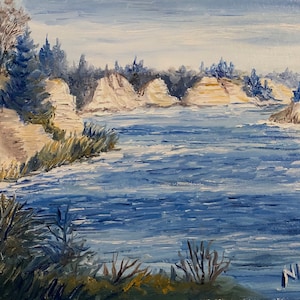 BLUE RIVER Original Oil Landscape Painting River Water Lake Bluffs Blue White Evergreens Small Scenery 8x10 Art Decor