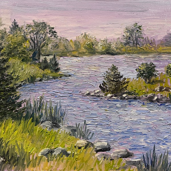 TERRACE PARK LAKE Covell Lake Original Oil Landscape Painting River Blue Purple Green South Dakota 12x16  Painted Edge Canvas Impressionism