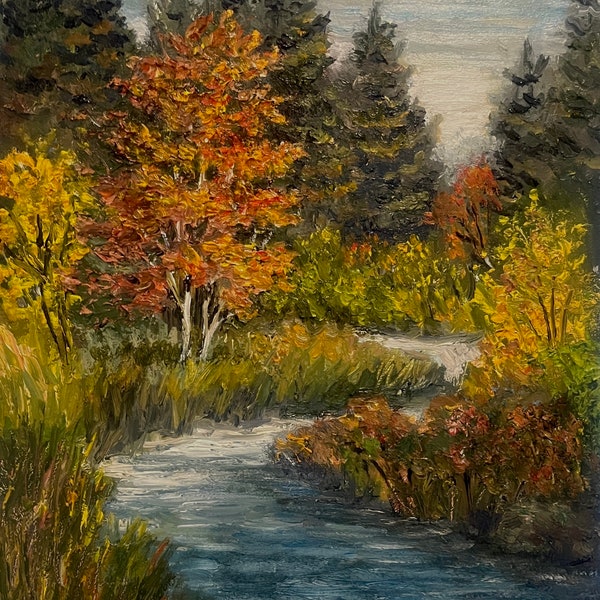 WINDING AUTUMN STREAM Original Oil Landscape Painting Fall Trees Red Yellow Orange Stream Creek Impressionistic Impasto 8x10 Small Art Decor