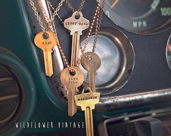 Key Necklace | Hand Stamped Vintage Custom Personalized for Women Men Long Chain Boho Style