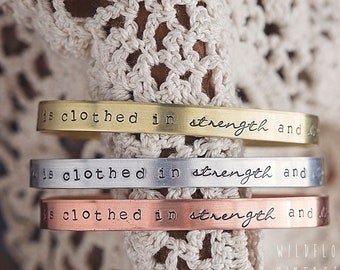 Hand Stamped Proverbs 31:25 Cuff Bracelet | Christian Religious Gift