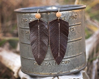 Mahogany Brown Leather Earrings | Feather Fringe Boho Style Festival Jewelry Gifts for her