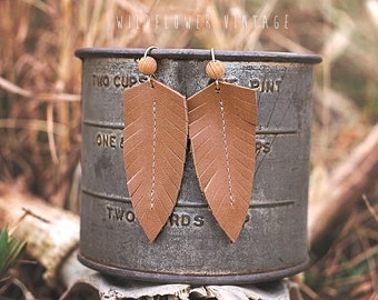 Caramel Brown Leather Earrings | Feather Fringe Boho Style Jewelry Gifts for her