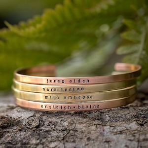 Skinny Name Bracelet | Personalized Stacking Cuff | Mother&#39;s Day Gift Minimalist Jewelry | Hand Stamped New Mom Push Gift | Baby Shower
