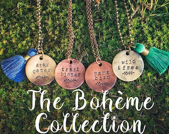 Boheme Collection | Free Spirit Long Layering Necklace | Hand-stamped Distressed Brass Pendant Boho Jewelry Feather