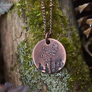 Night Sky Forest Nature Necklace | Outdoorsy Adventure Camping Hand-Stamped Copper Pendant Jewelry