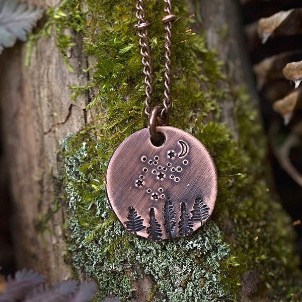 Night Sky Forest Nature Necklace | Outdoorsy Adventure Camping Hand-Stamped Copper Pendant Jewelry