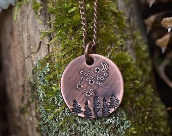 Night Sky Forest Nature Necklace | Outdoorsy Adventure Camping Hand-Stamped Copper Pendant Jewelry