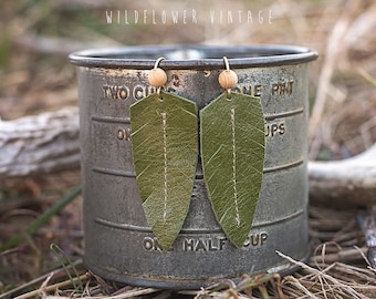 Olive Green Leather Earrings | Feather Fringe Boho Style Jewelry Gifts for her