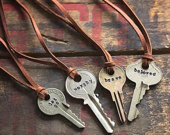 Custom Hand Stamped Key Necklace Leather Cord | Hand Stamped Typewriter Jewelry Vintage Repurposed Boho