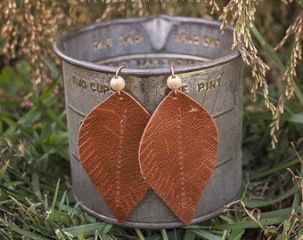 Saddle Brown Leather Leaf Earrings | Boho Style Fringe Feather Jewelry Saddle Brown Rose Gold