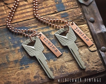 Thelma & Louise Vintage Ford Key Necklace Set | Hand Stamped Vintage repurposed jewelry BFF Sister Best Friend Jewelry Ride or Die gifts