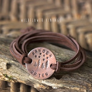 Wander Often Leather Wrap Bracelet Hand-Stamped Copper Chocolate Brown Suede Unisex Jewelry Outdoorsy Forest Hike Go Outside Gifts image 1