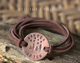 Wander Often Leather Wrap Bracelet | Hand-Stamped Copper Chocolate Brown Suede Unisex Jewelry Outdoorsy Forest Hike Go Outside Gifts