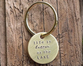 Life is Better at the Lake Key Chain | Hand Stamped Metal Key Ring Brass Tag | Outdoor Camping Gifts