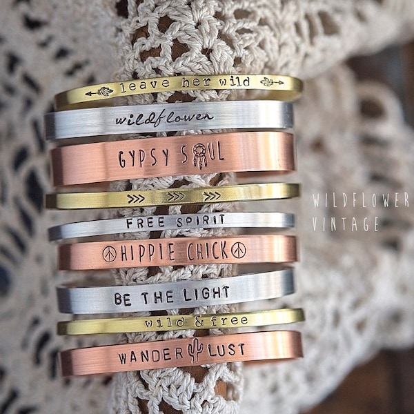 DESIGN YOUR OWN Custom Hand Stamped Cuff Bracelet |  Personalized Bridesmaid Gifts for Mom Copper Aluminum Brass Stacking